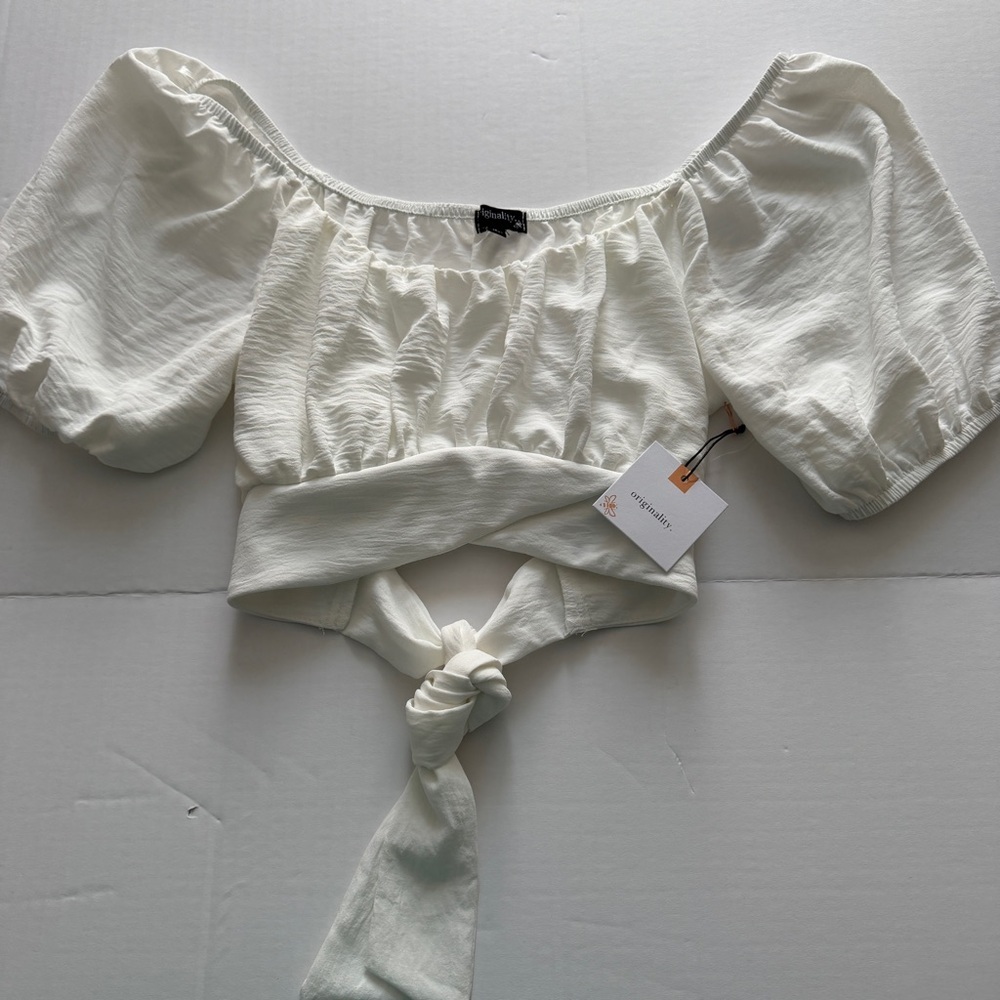 Originality brand white, off-the-shoulder puff sleeve crop top with tie front